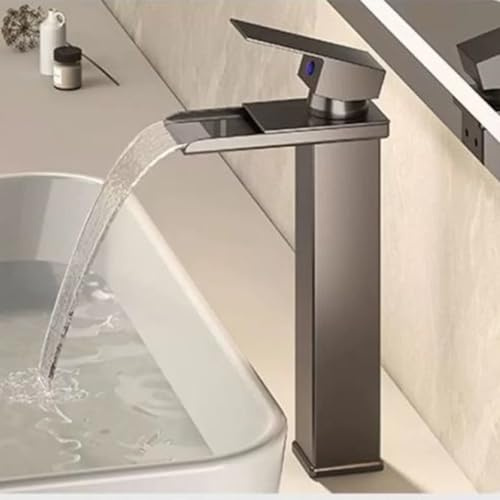 Wasserhahn Küche Wasserhahn Bad Wasserfall Hoch Waschtischarmatur mit Wassersparfunktion Armatur für Badezimmer Gäste WC Waschbecken Wohnmobil mit 2x60cm Anschlussschläuche(G ⅜) Anthrazit