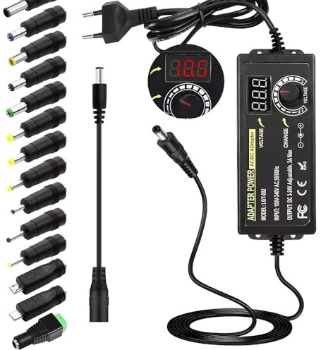 XEERUN Universal Power Adapter, Adjustable Variable Power Supply, AC 100V~240V To DC 3V~24V 3A 72W, AC to DC Converter with LED Voltage Display, 14 Tips & Polarity Converter for Household Electronics