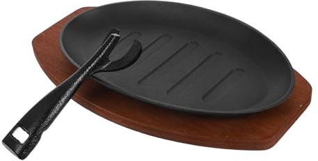 VALICLUD Sartén de Hierro Fundido para Fajitas Sartén para Bistec con Base de Madera y Tenedor Plancha Grill Resistente para Cocina y Barbacoa