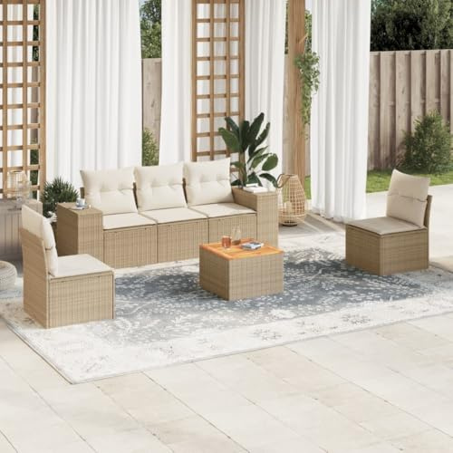 Teenpull 6-TLG. Trädgårdssocka, beige poly rotting, UV-beständig, med kudde, utomhus uteplats, möbelset för balkong, terrass och veranda, hållbar loungesoffa