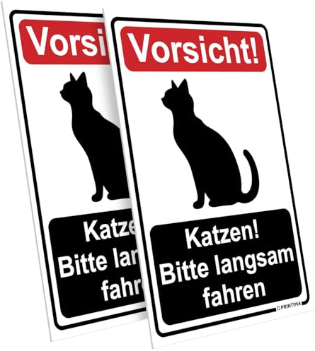 PRINTIMA 2x Schild Vorsicht! Katzen! Bitte langsam fahren 21x32 cm aus PVC + Montagedübel – wetterfestes Warnschild für Straße, Einfahrt, Hof oder Wohngebiet mit Katzen
