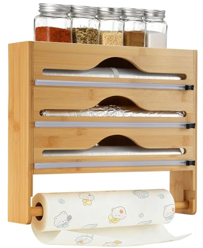 CRROEL Bamboo Foil Dispenser with Cutter, 4 in 1 Foil and Cling Film Dispenser and Cutter with Roll Organizer Holder for Aluminum Foil, Cling Film, Wax Paper, Parchment Paper
