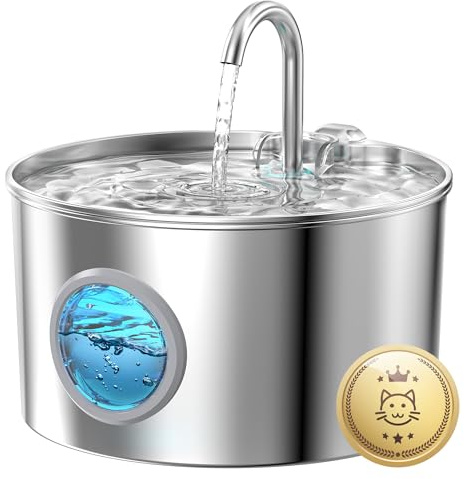 Fontaine a Eau Chat INOX: Fontaine à Eau pour Chat Automatique - 2,2L Distributeur Chien avec 1 Filtre + 1 éponge - Silencieux Fontaines Chats - Distributeur Eaus Chats avec Fenêtre de Niveau d'eau