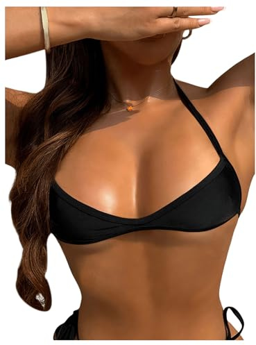 SHENHE Women's Micro Bikini Top Halter Neck Low Cut String Mini Bikini Swimsuit Top Black Large
