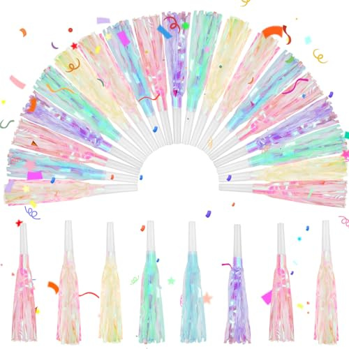 Motionchic 24 Pcs Iridescent Party Blowers Mermaid Theme Noise Makers Party Favor Pastel Glitter Metallic Fringe Horns for Unicorn Princess Birthday Baby Shower Bridal Wedding Graduation Supplies