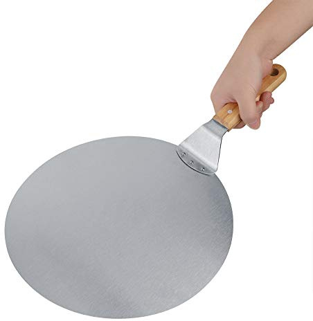 Tomedny Cáscara de pizza de 12 pulgadas, paleta de pizza de acero inoxidable, cáscara redonda con mango de madera, transferencia de seguridad antiadherente para masa, pan, pastelería
