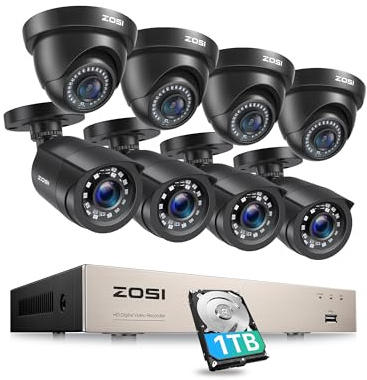 ZOSI 8CH 5MP Lite CCTV Camera System Outdoor & Human Vehicle Detection,8Pcs | Lite H.265+ CCTV DVR System &1TB HDD, 1080P Weatherproof Outdoor 1920TVL Wired Home Security Cameras, 80ft IR Night Vision