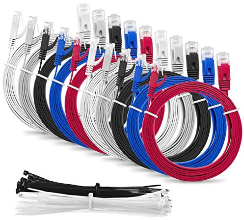 Multi Cable SLIM FLAT 1m Cat6 RJ45 Ethernet Network Patch Lan cable - Multi Coloured 10 Pack - 1 meter + 15 Cable ties