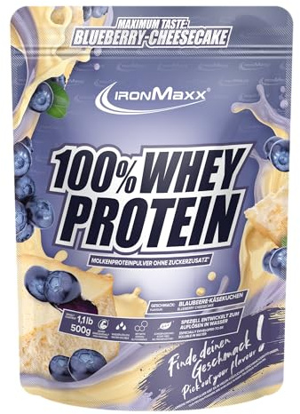 IronMaxx 100% Whey Protein Blueberry Cheesecake – Poudre de protéines de lactosérum hydrosoluble | Riche en protéines | Contient naturellement des BCAA | Faible en sucre | Proteine Whey - 500 gramme