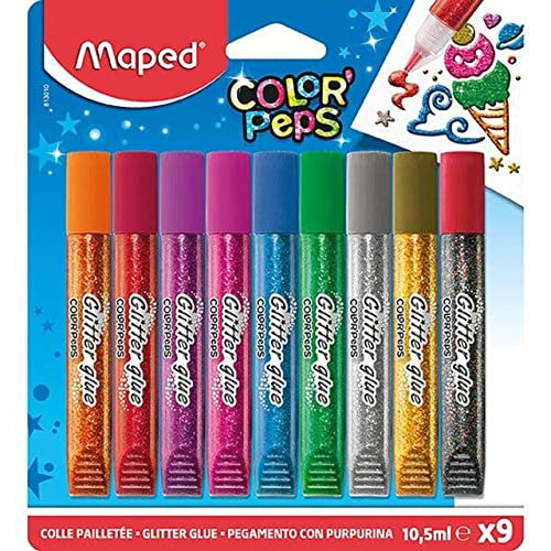Maped Color'Peps - Tubi di colla glitterati per bambini, effetto brillantinato, facile da usare, con punta fine, 9 tubetti da 10,5 ml, colori assortiti