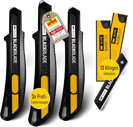 3x Elite Snapback Sicherheitsmesser Cuttermesser inkl 13 Ersatzklingen | Universal-Cuttermesser mit gehärteter Blackblade-Klinge - extrem langlebig und robust