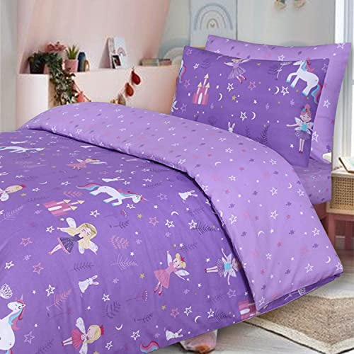 Divine Textiles - Set di biancheria da letto per bambini in 100% cotone reversibile con federe e lenzuolo con angoli abbinati, viola unicorno - Set completo singolo