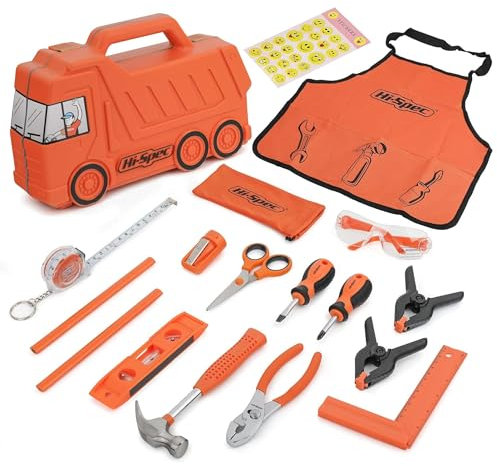 Hi-Spec 17-TLG. Kinder-Werkzeugset Oranger Werkyeugkoffer in LKW Form. mit Stickern, Schürze, Schutzbrille, Wasserwaage und Handwerkzeugen in Kindergröße Nicht nur Spielzeug - echtes Werkzeug!