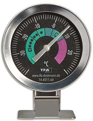 TFA Dostmann Refrigerator Thermometer Analogue 14.4011.60 Stainless Steel Also Suitable for Freezers Cold Stores up to -40 °C Silver