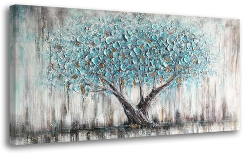 Arjun Tree of Life Wall Art Canvas for Living Room Blue Tree Nature Teal Painting, 50% Hand Painted Textured Picture Bedroom Panoramic Landscape Artwork Framed Home Office Decor 40x20