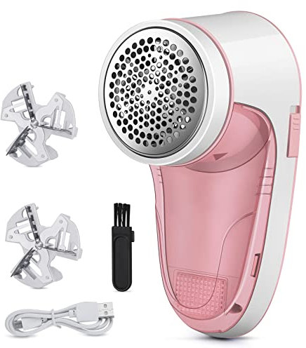Quitapelusas Electrico, Quitapelusas de Tela, Quita Bolas de la RopaRemovedor de Pelusas eléctrico, Removedor de Pelusa eléctrico Recargable con con 2 Cuchilla de Repuesto y Cable de Carga USB-Rosa