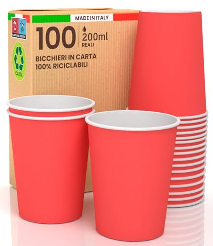 100 Gobelets Carton, Rouge, Jetables, pour la Boisson Froide, Chaude, Café, Thé, Cappuccino, pour Anniversaire, Noël, 200ml