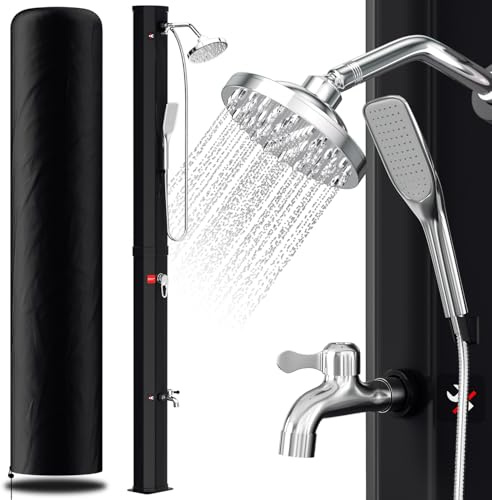 Vigevee Ducha Solar de jardín de 35 l, Agua Caliente hasta 60 °C, sin conexión eléctrica, Ducha de Piscina, Camping con Ducha de pies y Cabezal de Ducha de Lluvia Giratorio, Incluye Material de