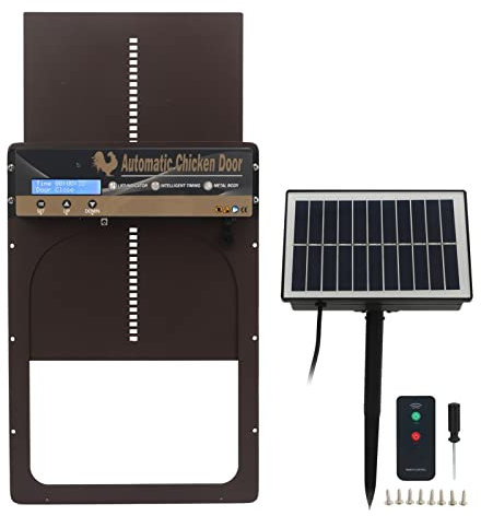 Focket Batterie oder solarbetriebener automatischer Hühnerstall Türöffner mit Zeitschaltuhr, programmierbarem Lichtsensor, Solarpanel, 3 in 1 Fernsteuerung für Hühnerstalltüren für Heimb