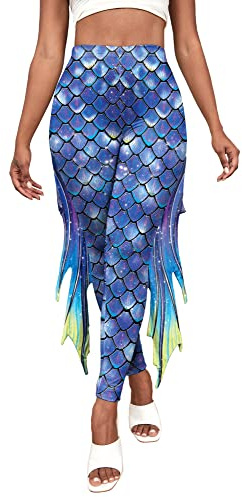 Panegy Costume da sirena da donna a scala di pesce, leggings a vita alta, pantaloni a coda di sirena, lunghezza intera leggings per Halloween, Blu 5., XL