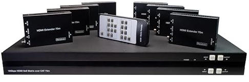 FOURKAY 8x8 4K over CAT 6/7 Ethernet Matrix Switch with 8 PoE Receivers and 8 Mirrored HDMI Outputs. 70m Distribution Range. Matrixed IR.