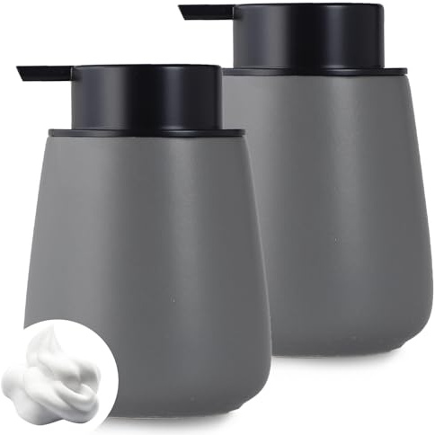 12Oz Grey Foaming Soap Dispenser - Ceramic Foam Hand Soap Dispenser Set with Easy-to-Press Pump, Refillable Liquid Dish Soap Dispensers for Bathroom and Kitchen, 2 Pack