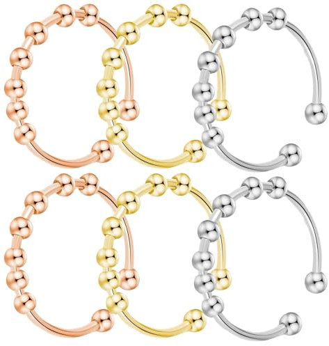 Ormromra 6 Stück Anxiety Ring, Edelstahl Anti Stress Rings, Angst Rings mit Perlen, Verstellbar Spinner Dekompressionsringe, Fidget Ring für Frauen