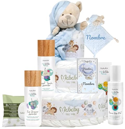 Mababyshop Tarta De Pañales Personalizada Lavender 3 Pisos 42 Pañales Talla 2 Con Doudou Osito Bordado Chupete Y Broche Con Nombre Set Cuidado Bebé Aroma Suave Toallitas Regalo Recién Nacido (Azul)