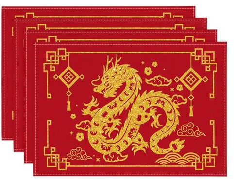 Poo4kark Napperon Dragon fête du Printemps année du Dragon napperon Dragon Chinois Nouvel an Table Habiller 4 pièces Set De Table Noir Rectangulaire (A, One Size)