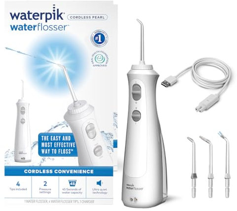 Waterpik Pearl Cordless Dental Flosser, Rechargeable Portable Dental Jet, Travel Size, Easy to Carry Removing Plaque, 2 Pressure Levels, White (WF-13)