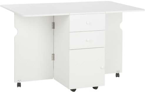 HOMCOM Tavolo da Cucina a Ribalta Pranzo Pieghevole 120x80x75 cm Bianco | 2 Cassetti, Armadietto ad Ante, 6 Ruote, in Truciolato