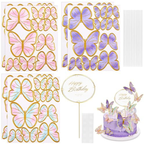 DTYGUIXE Decoración para Pastel de Cumpleaños, 60 Toppers para Pastel de Mariposa con Palitos y 2 Toppers para Tarta de Feliz Cumpleaños en Inglés Adornos para Tartas de Boda Bautizo Comunión