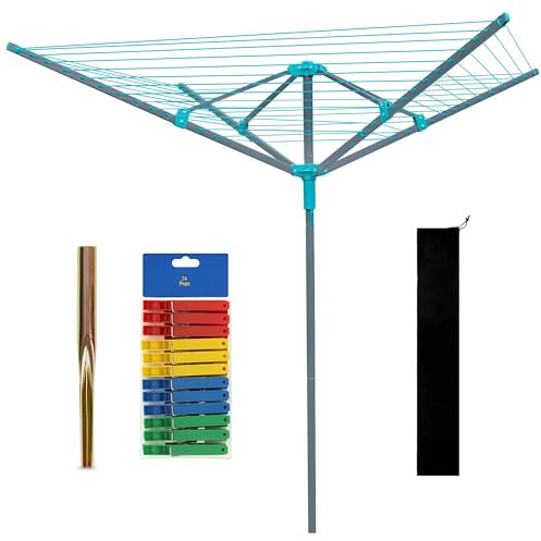 Crystals Rotary Washing Line, 4 Arm Heavy Duty Clothes Airer Dryer for Outdoor & Garden, 50m Folding Large Rotary Clothes Line with Metal Ground Spike, Cover and Pegs