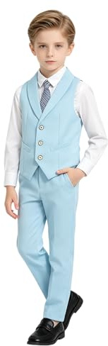 LOLANTA Conjunto de Traje Formal de 5 Piezas para Niños, Chaleco, Pantalones, Camisa y Corbata de Moño para Bodas, Cumpleaños y Fiestas (Azul, 10-11 Años, Talla 150)