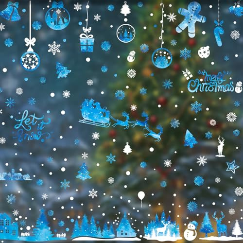 KASESSS 8 Blätter Weihnachten Fensteraufkleber, Elektrostatische Adsorption Fenstersticker Weihnachten, Schneeflocken Fenster Sticker, Fenster Aufkleber für Weihnachtsdeko
