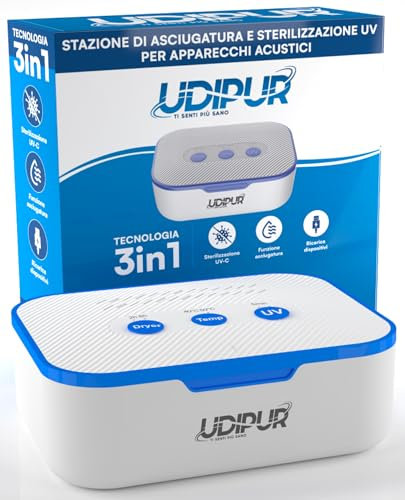 Udipur Estación de Secado y esterilización para audífonos Esterilización UV y Carga 3en1 con USB C Temperatura máxima 50°C - 110x90x40mm