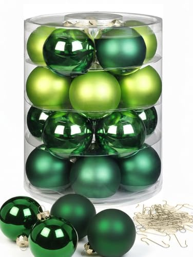 Inge Glas Weihnachtskugeln mit Haken | Schöne Christbaumkugeln aus Glas | Set 20 Kugeln und 40 Aufhänger | Christbaumschmuck Weihnachtsbaumkugeln (Evergreens | grün)