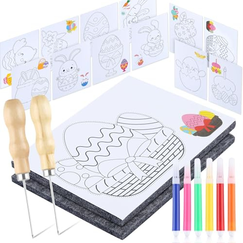 Children's Pricking Needle Set, Easter Gifts, Pricking Set, Prikel Needles Set Children 3 Years with 2 Pricking Felt, 2 Needles and 12 Embroidery Pictures, Craft Set for Family Moments