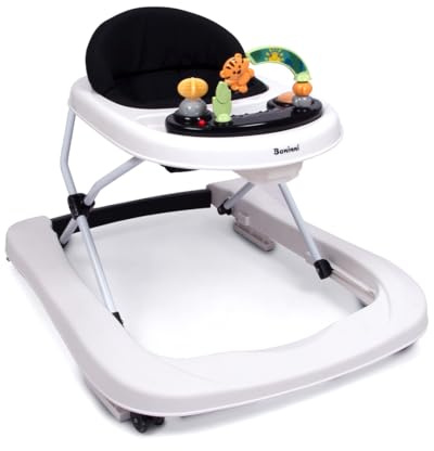 Baninni Miro Lauflernhilfe für Babys mit interaktivem Multiaktivitäts-Tablett mit abnehmbarer Musik, höhenverstellbarer und leicht zusammenklappbarer Lauflernhilfe bis zu 12 kg, Schwarz / Weiß