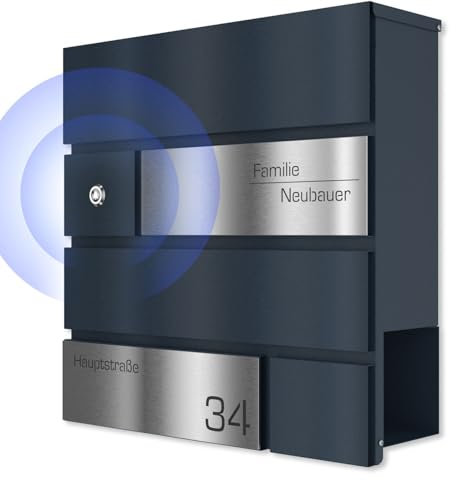 Graviers Design Briefkasten mit Funkklingel in Anthrazit RAL 7016 - Wandbriefkasten personalisiert Edelstahl Name Straße Hausnummer - Postkasten Briefbox mit Schloss Zeitungsfach Design 1