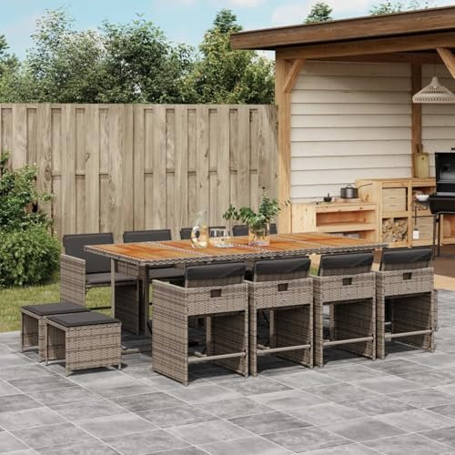 IKAYAA 13-TLG Rattan Gartenmöbel Set, Rattan Sitzgruppe für 12 Personen, Gartentisch aus Holz mit Stapelbar Stühlen & Kissens, Gartengarnitur Sitzgarnitur, Essgruppe Outdoor, Grau