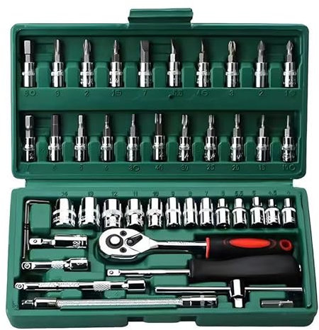 Socket Set 46 Pcs 1/4'' Drive Socket Ratchet Wrench Set with Storage Case Includes Metric Bit Socket Set & Extension Bar for Auto Car Motorbikes Repair & Home Maintenance Compact Household Tool Kit-G