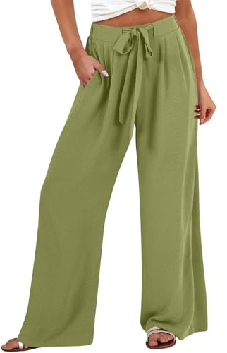 HOOUDO Holiday Must Haves Teen Girl Wide Leg Linen Trousers for Women UK Summer Baggy Ladies Beach Trouser Elastic Waist Light Weight Pants Casual Full Length Comfy Pant Joggers Mint Green