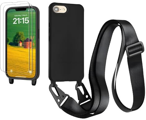 CaseLover Case with Cord Compatible with iPhone 16E/17E, Wide Cord, Black | Cell Phone Case with Rope, 2 Tempered Glass, Silicone Case with Adjustable Necklace, Phone Chain Lanyard Case Cover