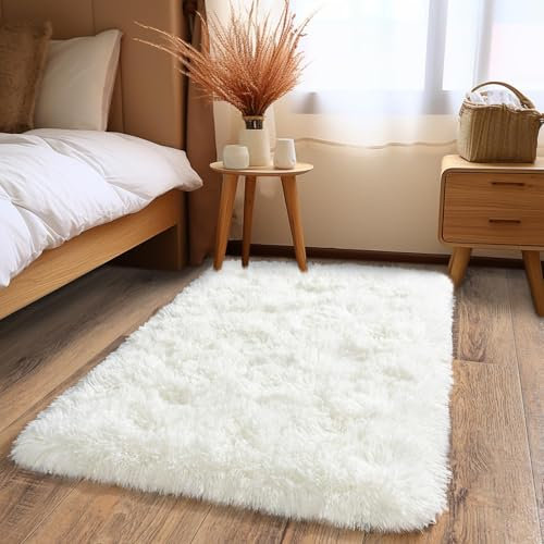Hochflor Teppich Wohnzimmer 60x110cm, Creme Shaggy Teppich für Schlafzimmer Flauschige Teppiche, Modern Shag Wohnzimmerteppich Bettvorleger High-Pile Carpet rutschfest für Schlafzimmer Kinderzimmer