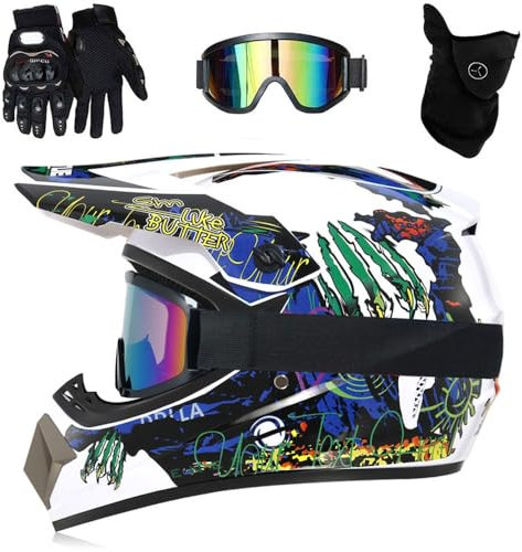 Motocross-Helme für Kinder, DOT-Offroad-Street-Dirt-Bike-Helm für Erwachsene, ATV-BMX-Downhill-Quad-Bike-Integralhelm für Motorradfahrer, mit Schutzbrille, Handschuhen und Maske(H8,S(52-53cm))