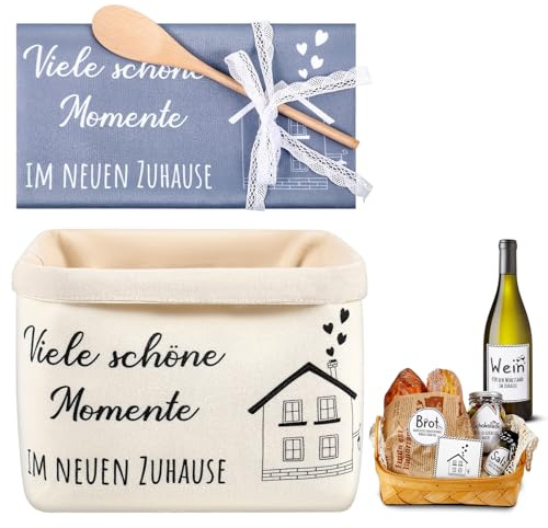 Sinmoe Geschenk zum Einzug Brotkorb mit Geschirrtuch Einzugsgeschenke Haus | Viele Schöne Momente im Neuen Zuhause, Brot Salz Wein Aufkleber, Kochlöffel, Einweihungsgeschenk, Zum Wohnung Richtfest