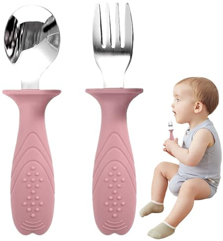 Fravsiu Fourchettes Et Cuillères Pour | Set de Fourchettes et Cuillères pour en Silicone Alimentaire,Ustensiles en Acier Inoxydable Qualité Alimentaire avec Manche en Silicone pour Nourriture Maison