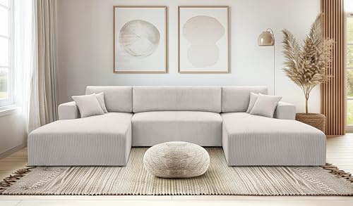 AXLIVING Ecksofa Weiß mit Schlaffunktion – Catea U Cord Wohnlandschaft 364 cm