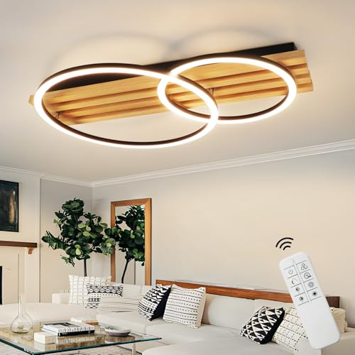 GBLY LED Deckenlamape Holz Deckenleuchte Dimmbar:55CM Schlafzimmer Lampe | 2-Ringen Modern deckenleucht Geometrisch 36W wohnzimmerlampe Fernbedienung Design für Schlafzimmer Küche Esszimmer Büro Lampe